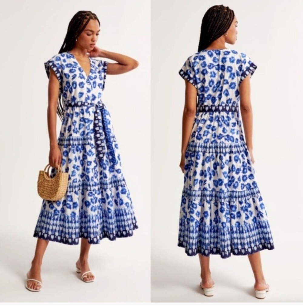 Abercrombie & Fitch Blue and White Print  Button Up Maxi Dress w/Belt Sz XL